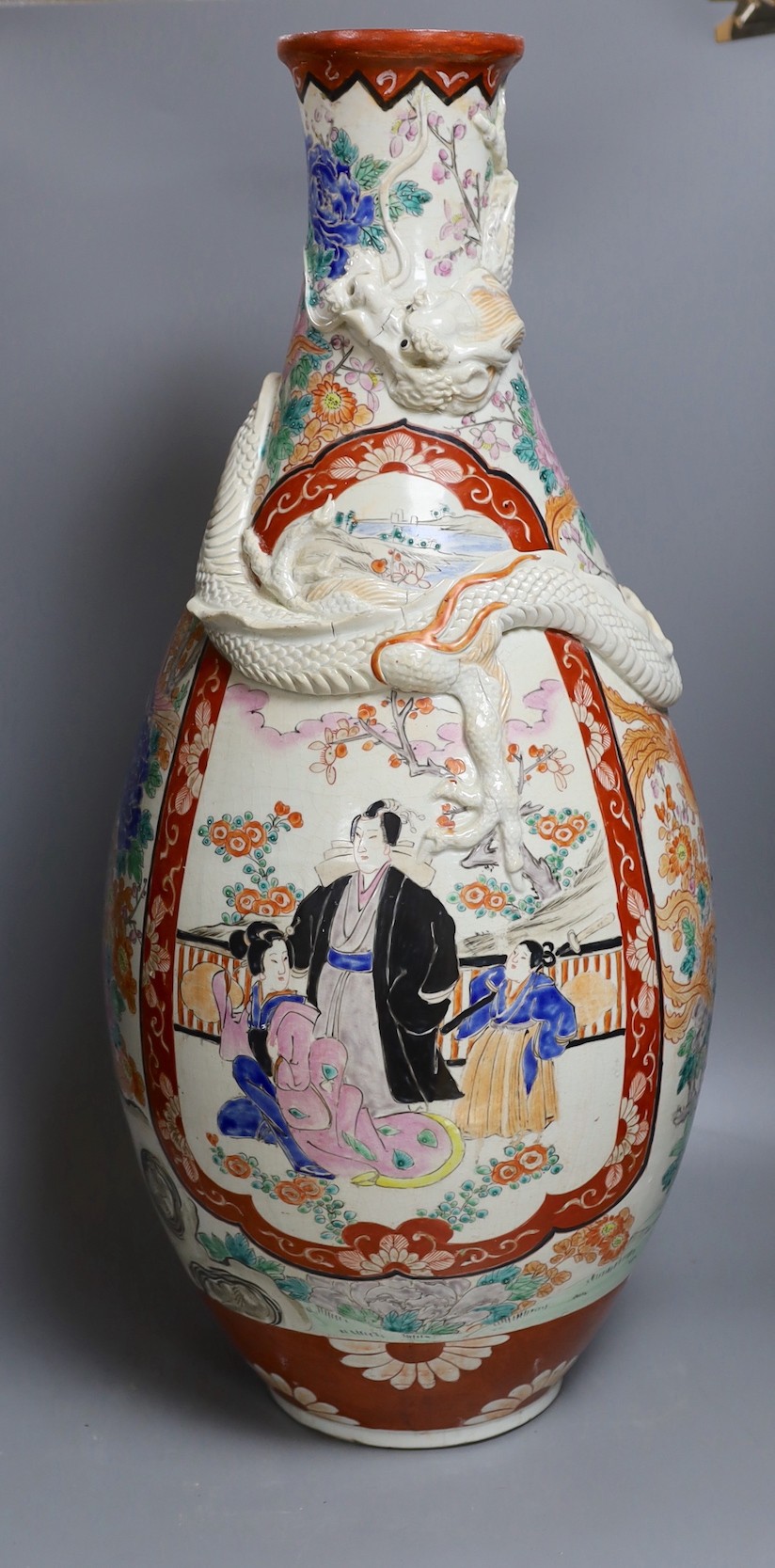 A large Japanese Kutani dragon bottle vase (restored) - 67cm tall